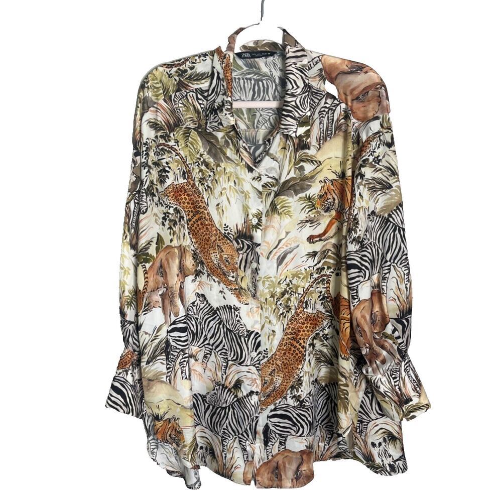 ZARA Sz L Safari Animal Print Blouse Vintage Inspired Satin Oversized Tunic Top
